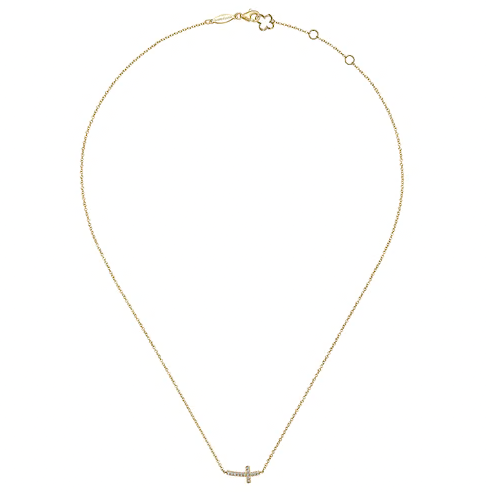 Pavé Diamond Sideways Cross Pendant Necklace in 14K Yellow Gold