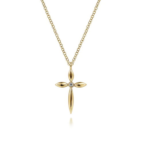Sculpted Fluted Cross Pendant Necklace with Diamond Accent in 14K Yellow Gold