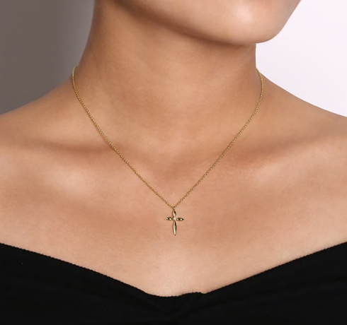 Sculpted Fluted Cross Pendant Necklace with Diamond Accent in 14K Yellow Gold