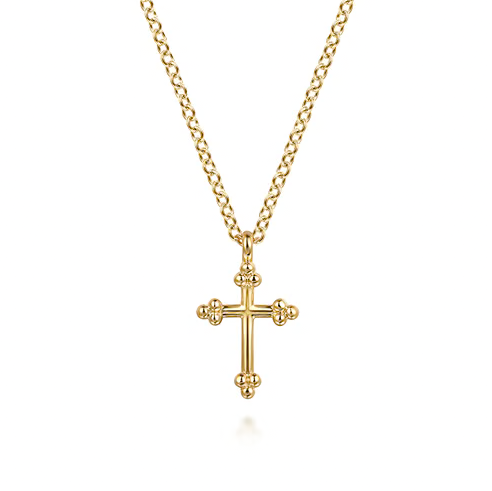 The Bujukan Collection Beaded Station Fluted Cross Pendant Necklace in 14K Yellow Gold