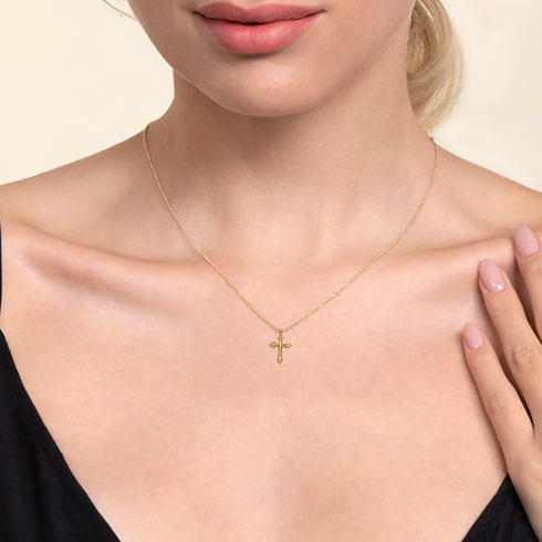 The Bujukan Collection Beaded Station Fluted Cross Pendant Necklace in 14K Yellow Gold