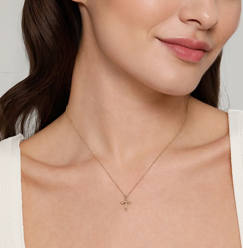 The Bujukan Collection Beaded Station Fluted Cross Pendant Necklace in 14K Yellow Gold