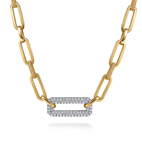 The Bujukan Collection Two-Tone Paperclip Link and Pavé Diamond Station Statement Necklace in 14K Gold