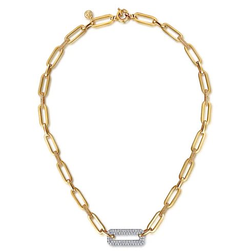 The Bujukan Collection Two-Tone Paperclip Link and Pavé Diamond Station Statement Necklace in 14K Gold