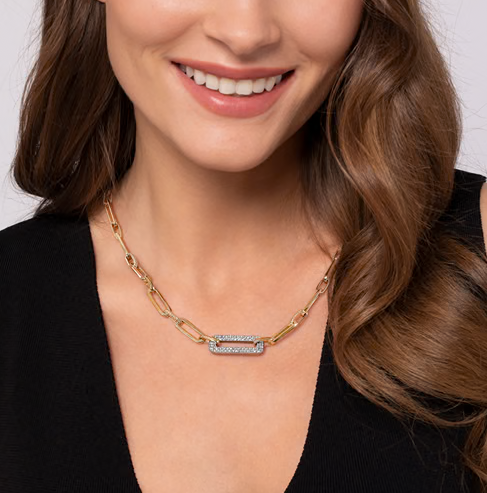 The Bujukan Collection Two-Tone Paperclip Link and Pavé Diamond Station Statement Necklace in 14K Gold
