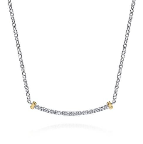 The Bujukan Collection Two-Tone Curved Pavé White Sapphire Bar Necklace in Sterling Silver and 14K Gold
