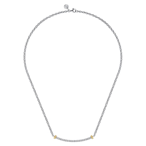 The Bujukan Collection Two-Tone Curved Pavé White Sapphire Bar Necklace in Sterling Silver and 14K Gold