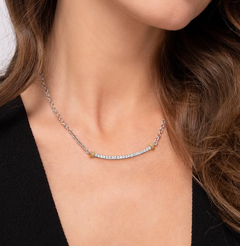 The Bujukan Collection Two-Tone Curved Pavé White Sapphire Bar Necklace in Sterling Silver and 14K Gold