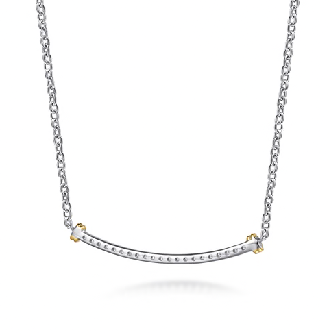 The Bujukan Collection Two-Tone Curved Pavé White Sapphire Bar Necklace in Sterling Silver and 14K Gold