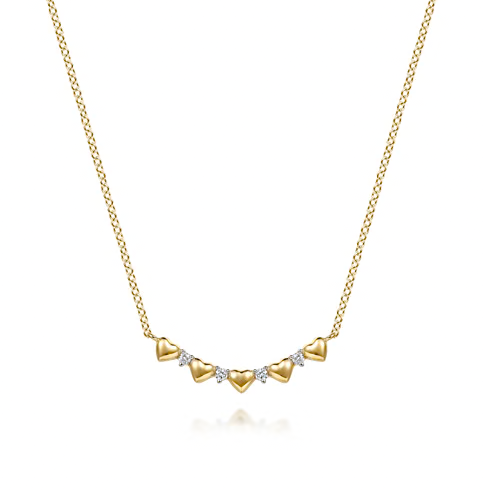 Graduated Puffed Heart and Pavé Diamond Curved Bar Necklace in 14K Yellow Gold