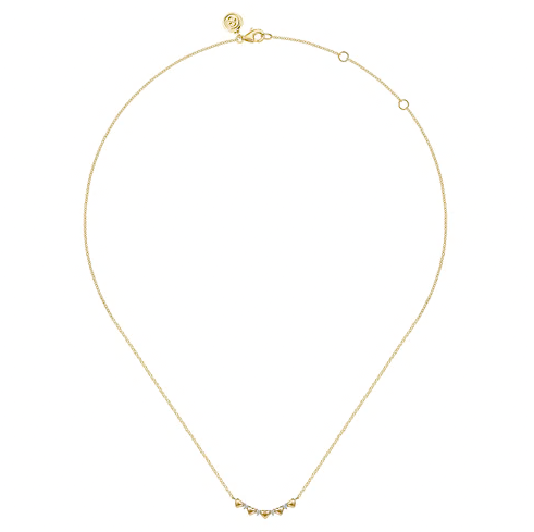 Graduated Puffed Heart and Pavé Diamond Curved Bar Necklace in 14K Yellow Gold
