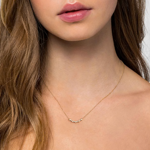Graduated Puffed Heart and Pavé Diamond Curved Bar Necklace in 14K Yellow Gold