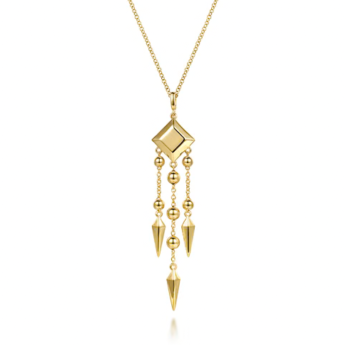 The Bujukan Collection Sculptural Geometric Chandelier Drop Fringe Necklace in 14K Yellow Gold