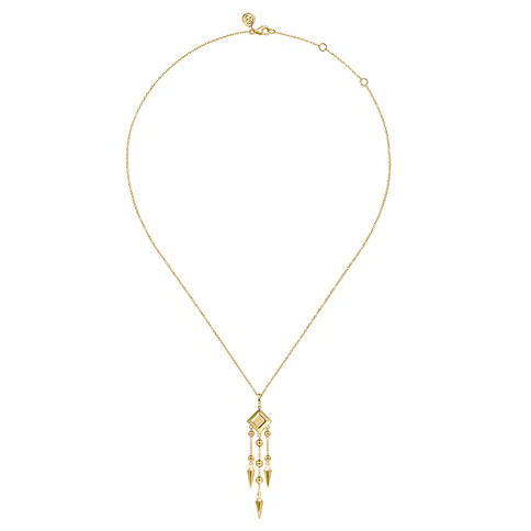 The Bujukan Collection Sculptural Geometric Chandelier Drop Fringe Necklace in 14K Yellow Gold