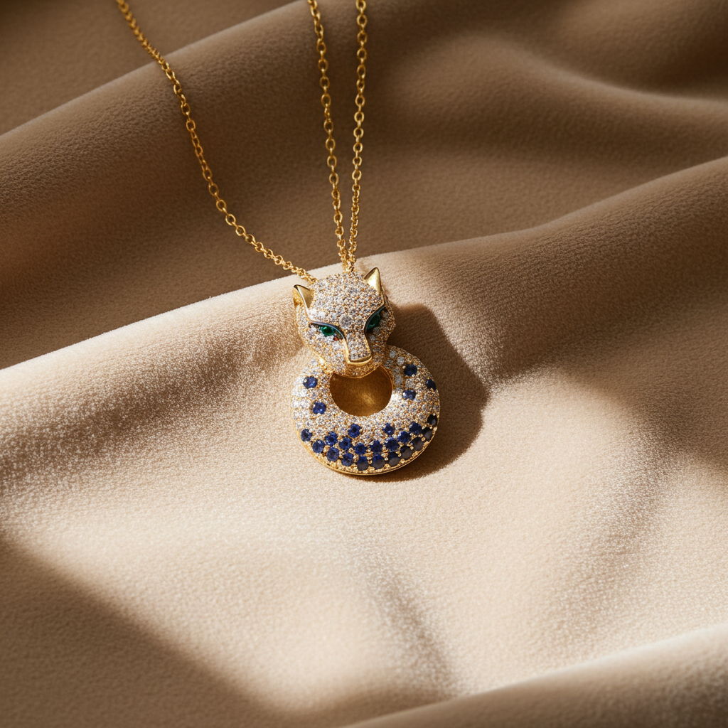 Vintage Inspired Pave Diamond Panther EFFY Drop Necklace with Emerald Eyes in 14K