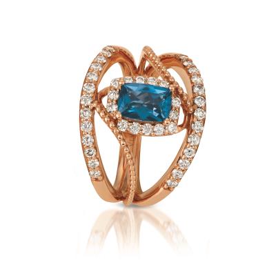 Oplulent LeVian Creme Brulee Diamond and Deep Sea Blue Topaz Ring in 14K Strawberry Gold  | Gemmas Jewelers