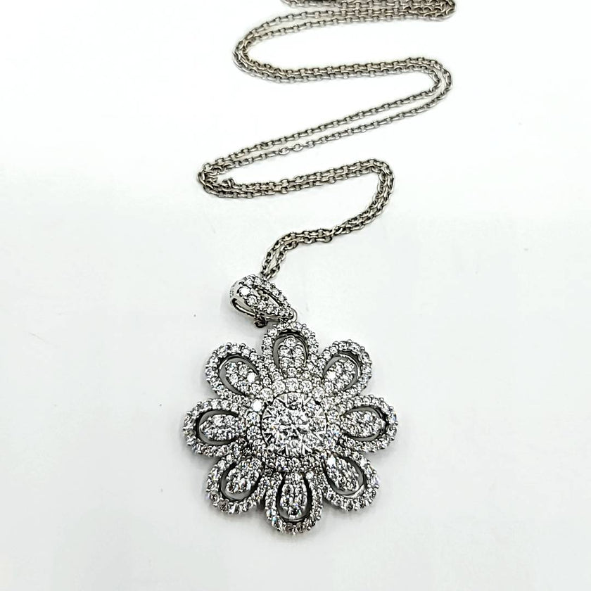 Opulent Diamond Flower Necklace with Almost 4 Carats in 14K White Gold  | Gemma's Jewelers 