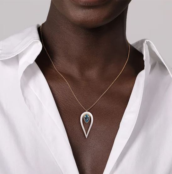 Opulent Diamond and Blue Topaz Pear Shape Enamel Drop Necklace in 14K Yellow Gold