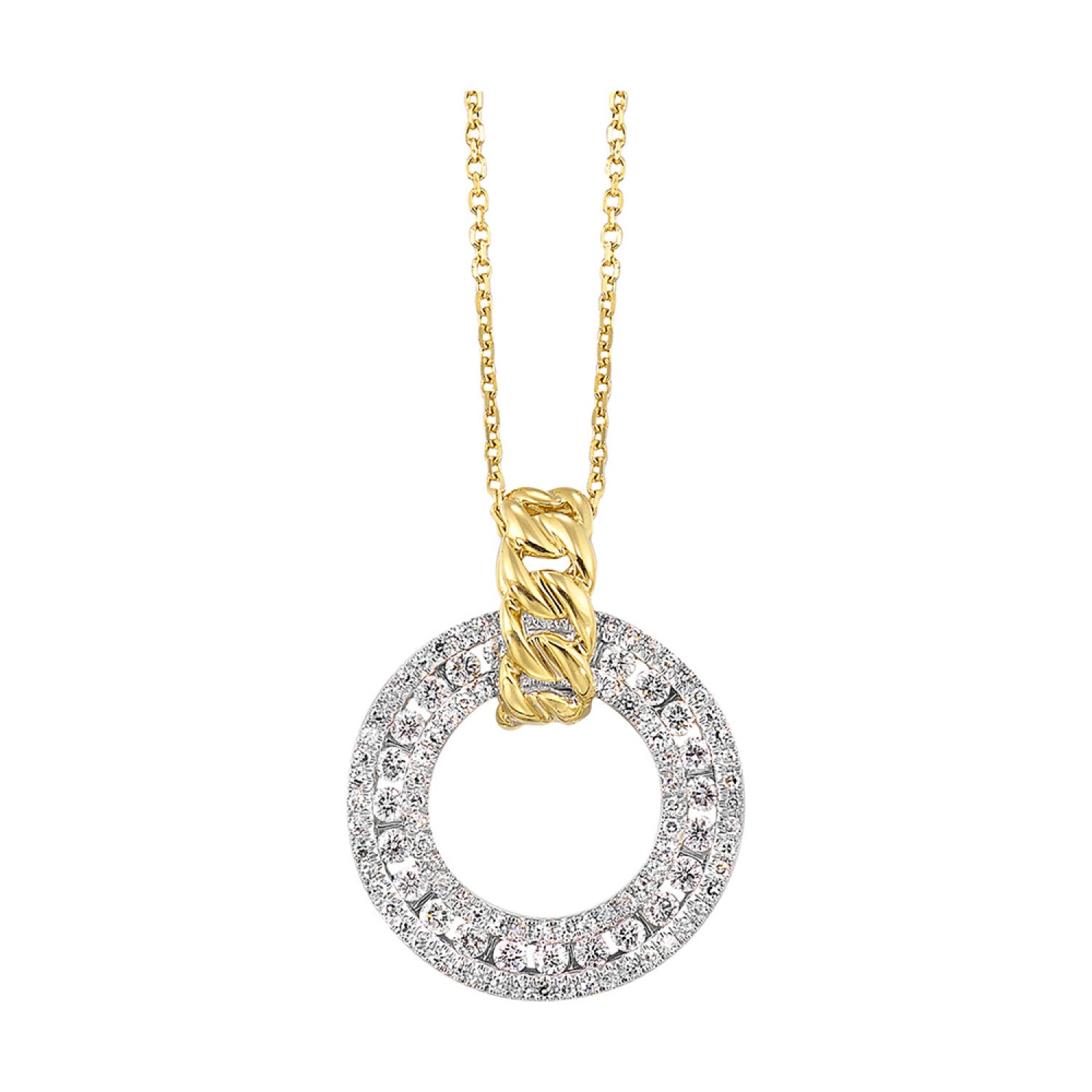 Two-Tone Diamond Circle Pendant Necklace with Link Bail in 14K