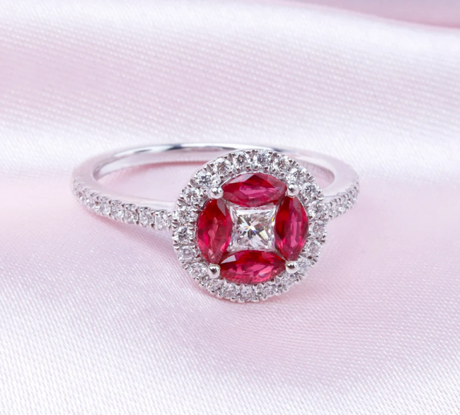 Vibrant Marquise Ruby Diamond Flower Ring in 14K White Gold