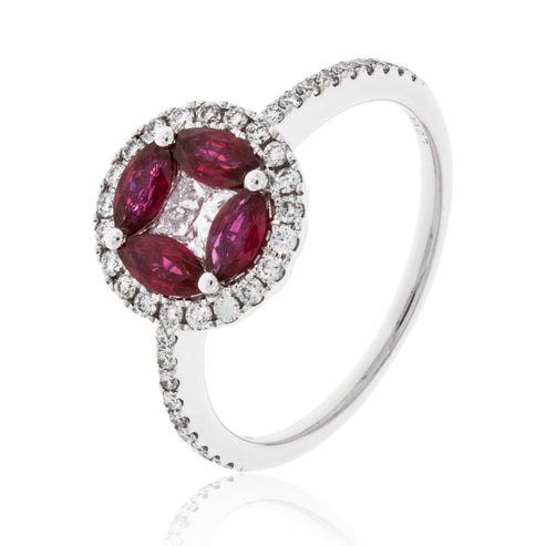 Vibrant Marquise Ruby Diamond Flower Ring in 14K White Gold