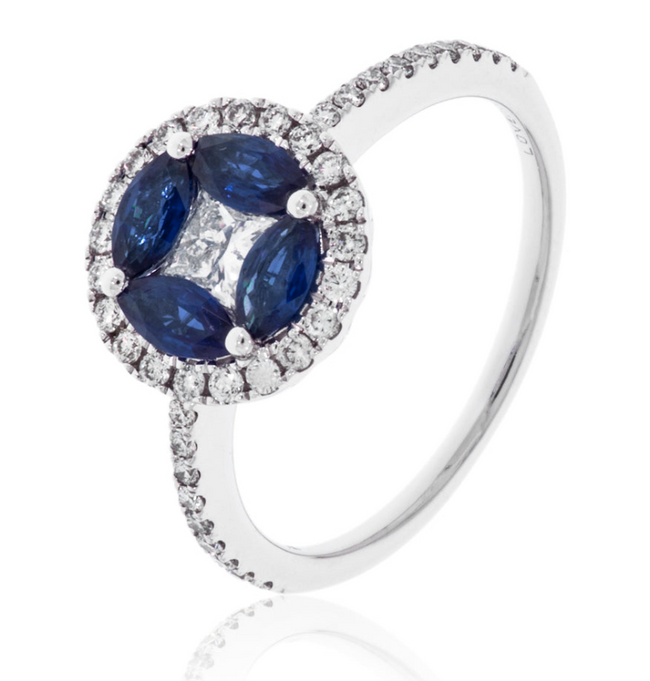 Vibrant Marquise Sapphire and Diamond Flower Ring in 14K White Gold