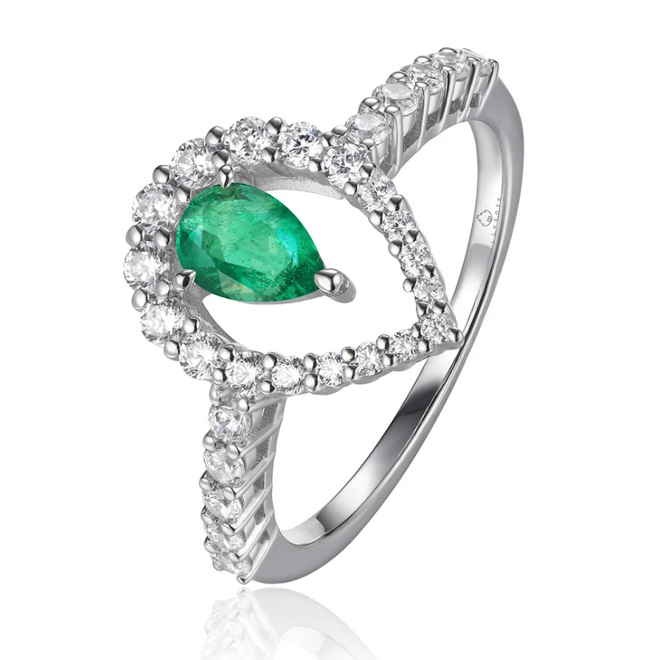 Whimsical Pear Emerald Diamond Swirl Ring in 18K White Gold