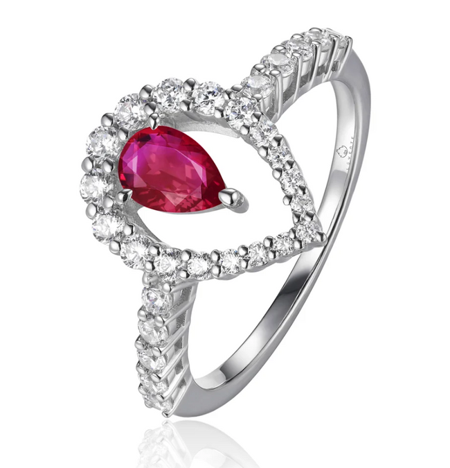 Whimsical Pear Ruby Diamond Swirl Ring in 18K White Gold