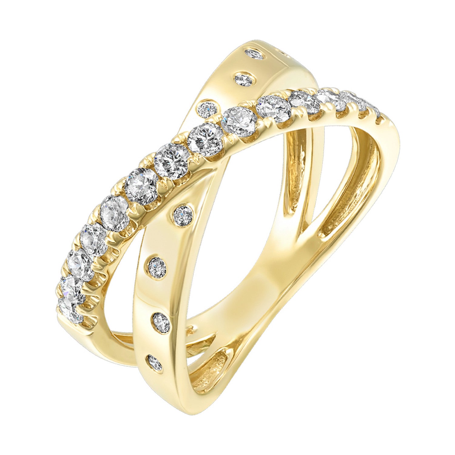 Elegant Pave & Bezel Diamond Crossover Band in 14K Yellow Gold