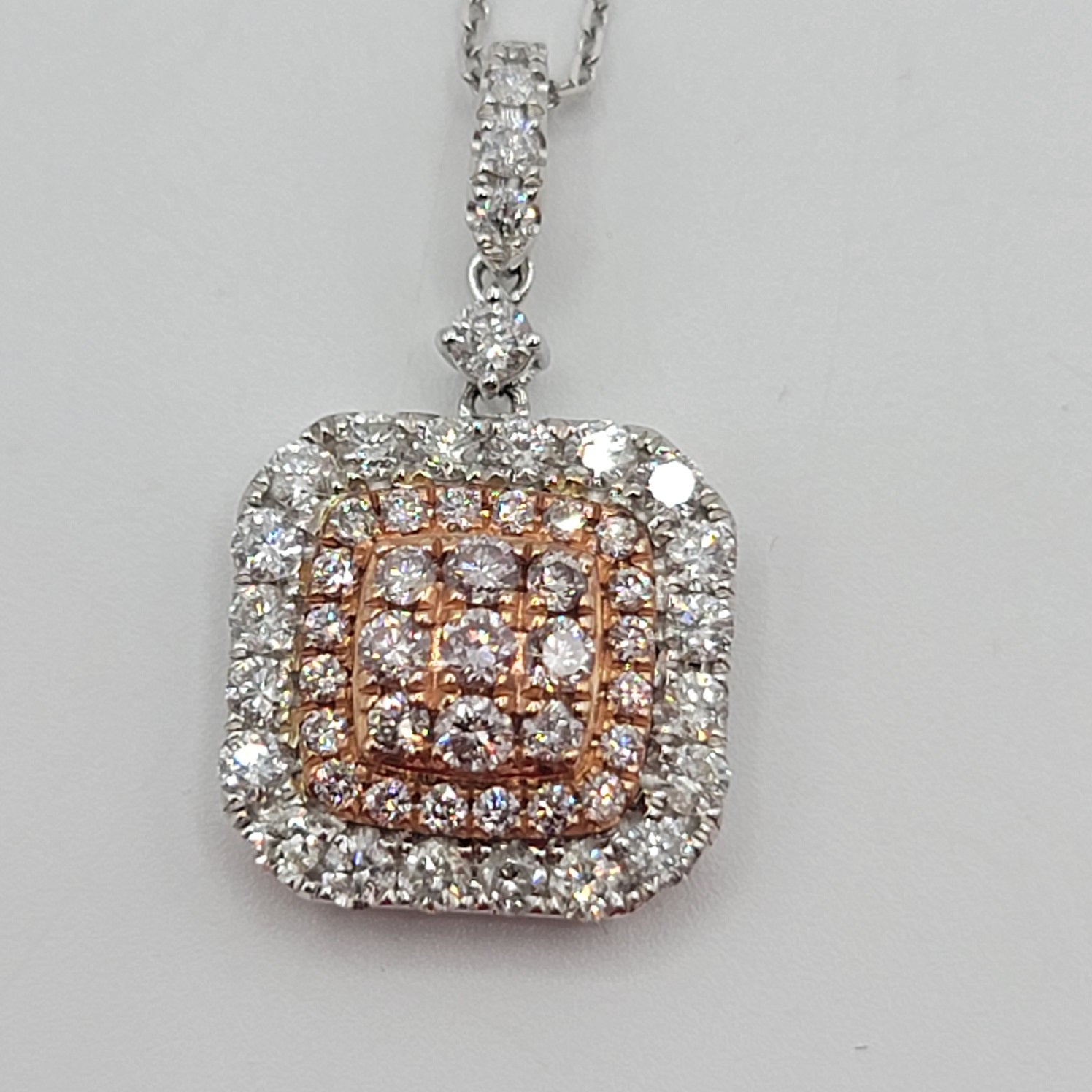 Rare & Elegant Pave Set Cushion Shape Pink Diamond Pendant in 14K Gold | Gemma's Jewelers