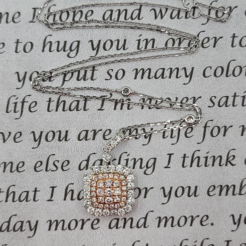 Rare & Elegant Pave Set Cushion Shape Pink Diamond Pendant in 14K Gold | Gemma's Jewelers