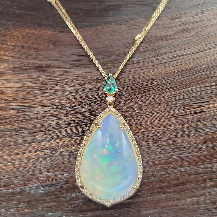 Scintillating Diamond and Monumental Opal Necklace with Gorgeous Emerald in 14K Gold  | Gemma's Jewelers