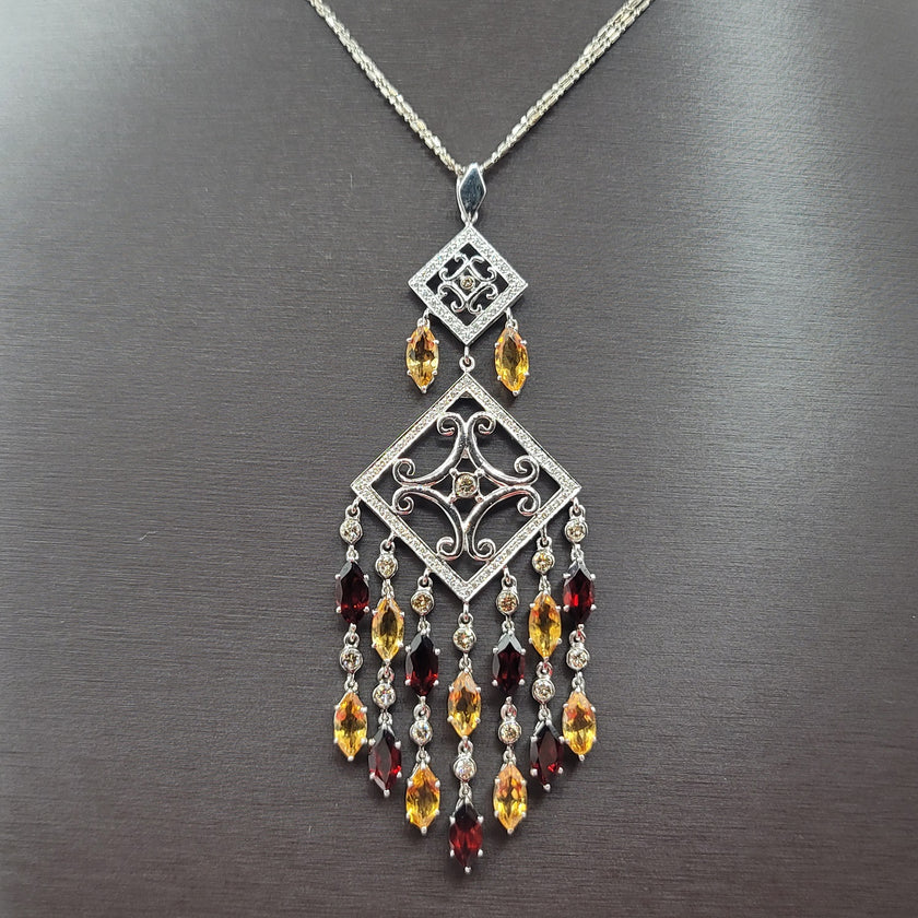 Shimmering Diamond Garnet and Citrine Chandelier Necklace in 18K White Gold | Gemmas Jewelers