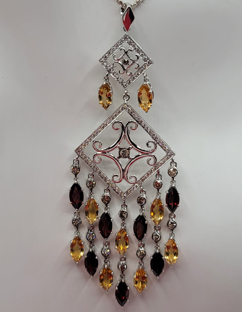 Shimmering Diamond Garnet and Citrine Chandelier Necklace in 18K White Gold | Gemmas Jewelers