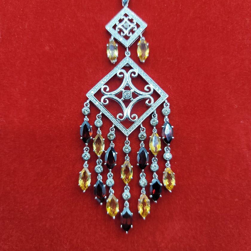 Shimmering Diamond Garnet and Citrine Chandelier Necklace in 18K White Gold | Gemmas Jewelers