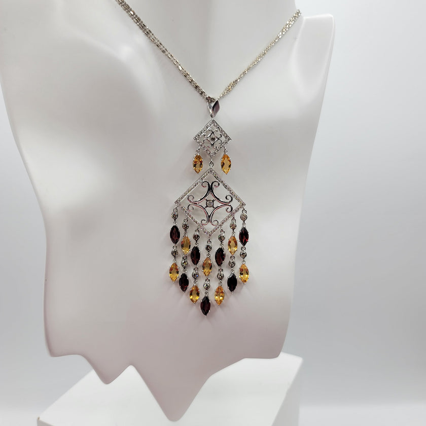 Shimmering Diamond Garnet and Citrine Chandelier Necklace in 18K White Gold | Gemmas Jewelers