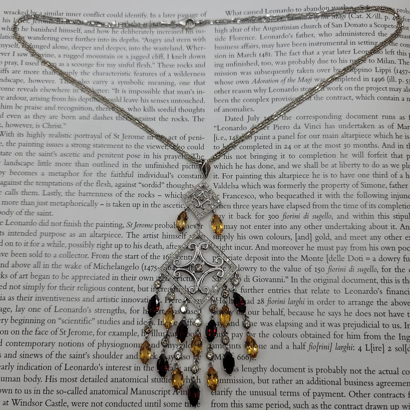 Shimmering Diamond Garnet and Citrine Chandelier Necklace in 18K White Gold | Gemmas Jewelers