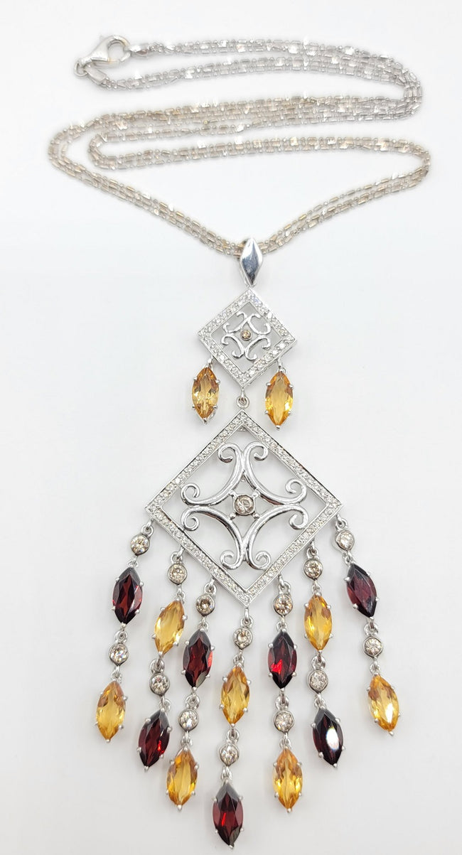 Shimmering Diamond Garnet and Citrine Chandelier Necklace in 18K White Gold