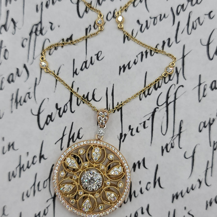 Sophisticated Custom Design Couture Pendant in Tri-Color 18K Gold  | Gemma's Jewelers