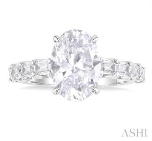 Sparkling Oval Shape Diamond Semi Mount Engagement Ring with Emerald Cuts in 14K