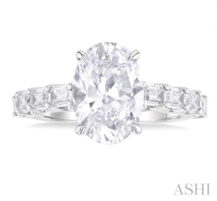 Sparkling Oval Shape Diamond Semi Mount Engagement Ring with Emerald Cuts in 14K