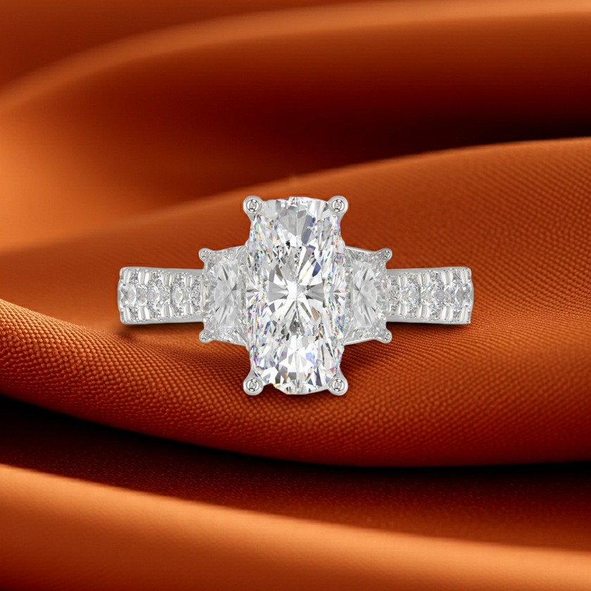 Platinum Elongated Cushion and Cadillac Cut Diamond Ring