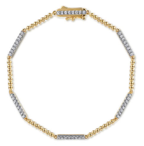 The Bujukan Collection Alternating Beaded and Pavé Diamond Bar Tennis Bracelet in 14K Yellow Gold