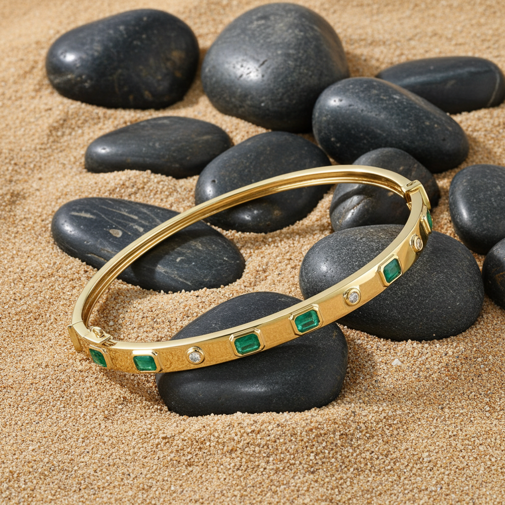 Bold and Modern Bezel Set Emerald & Diamond Effy Bangle Bracelet in 14k