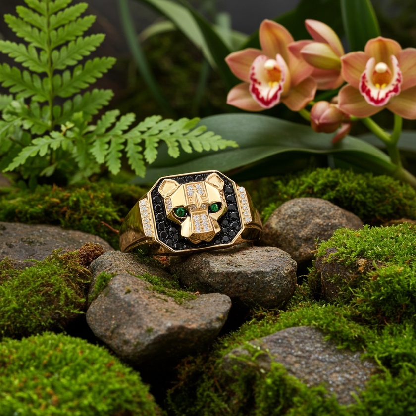 EFFY Signet Panther Ring with Black Diamonds & Emerald Eyes in 14K