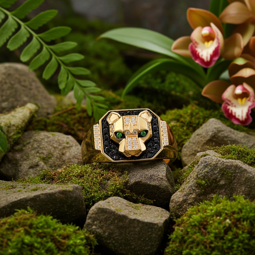 EFFY Signet Panther Ring with Black Diamonds & Emerald Eyes in 14K