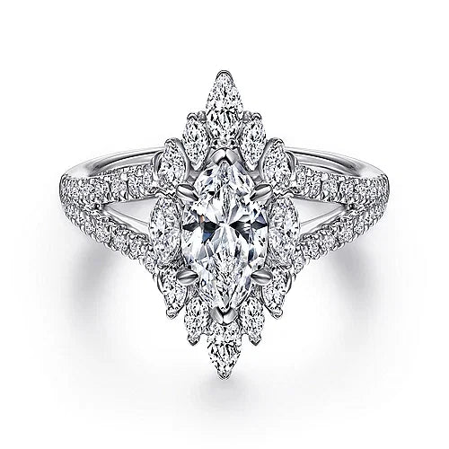 Bold and Unique Marquise Shape Halo Diamond Engagement Ring in 14K Gold | Gemma's Jewelers