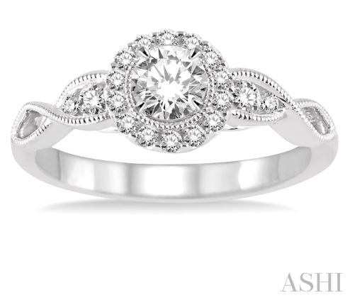 Vintage Inspired Round Diamond Halo Engagement Ring in 14K White Gold | Gemmas Jewelers