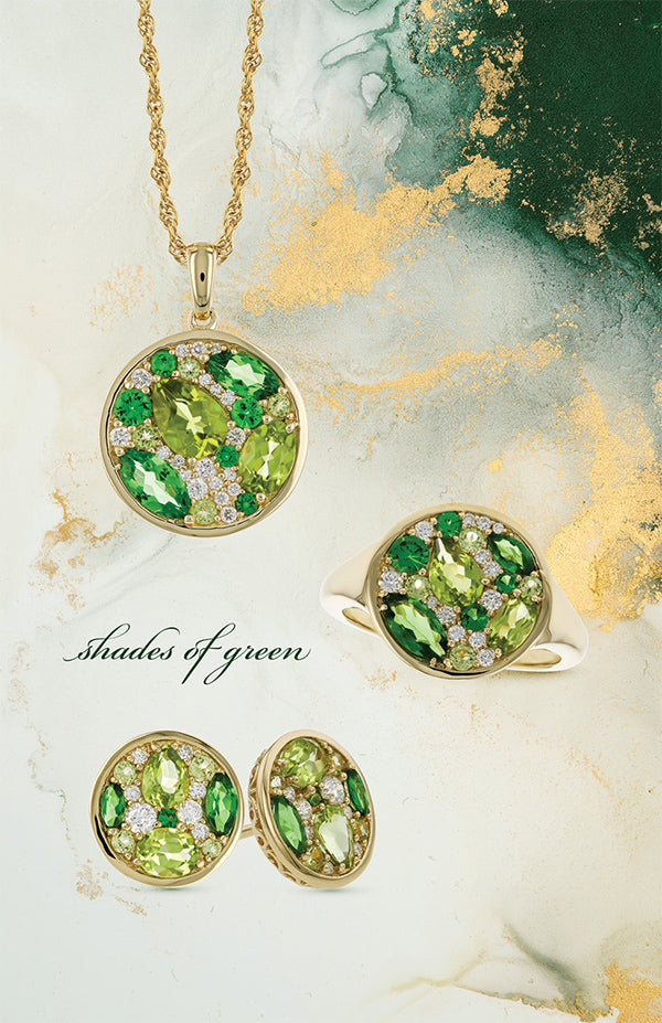Mid Century Inspired Sunburst Tsavorite and Peridot Diamond Necklace in 14K