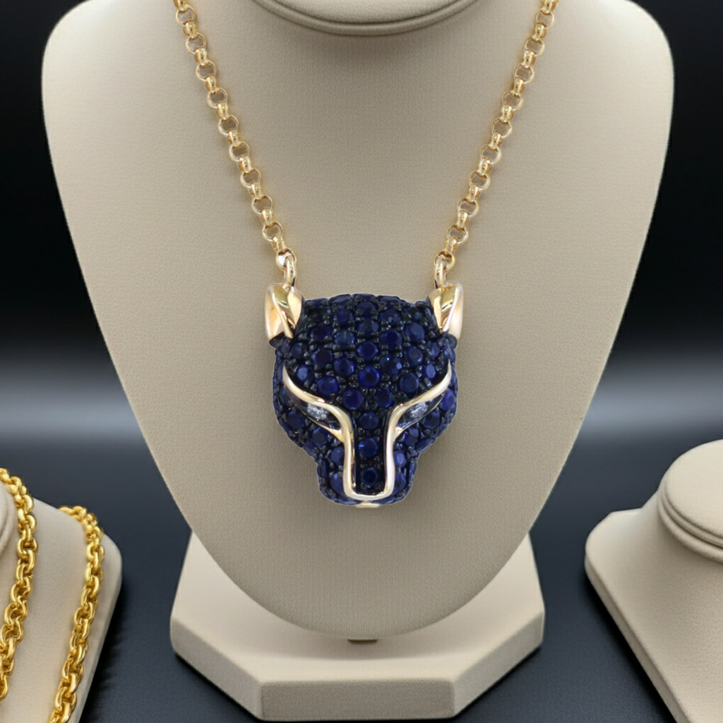 Small But Fierce Pave Blue Sapphire Panther EFFY Necklace with Diamond Eyes in 14K